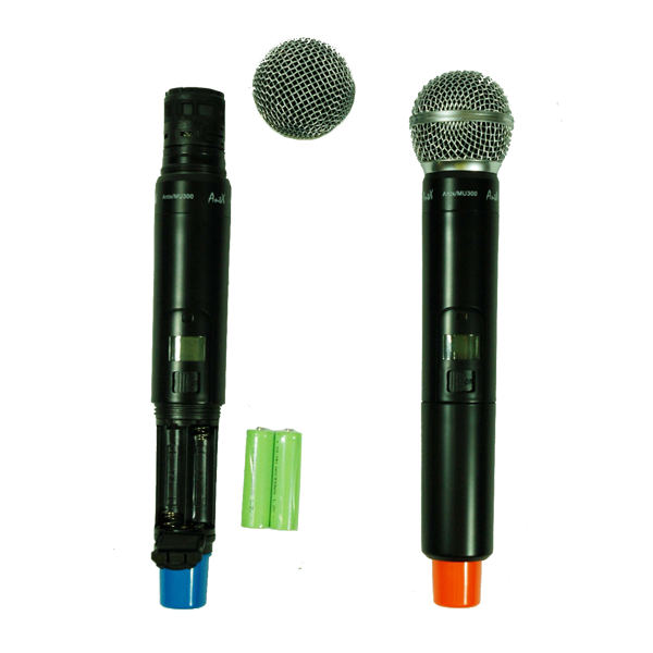 Двоен безжичен UHF микрофон MU300 с акумулатори и зарядно